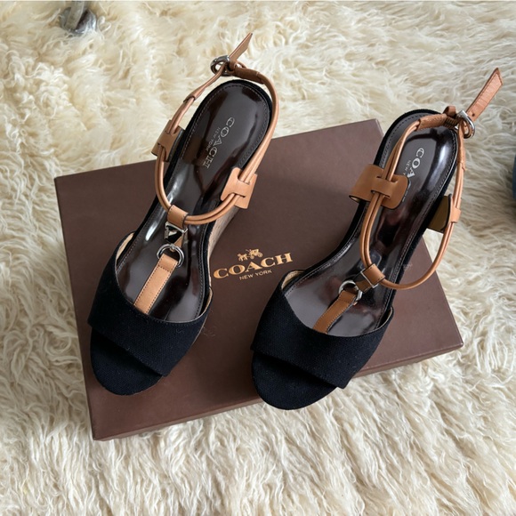 Coach black & brown strappy wedges - Picture 1 of 5